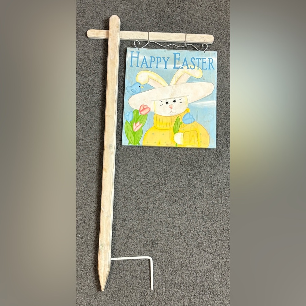 Happy Easter Bunny Rabbit Bird Tulips Wooden Swinging Yard Sign 30”